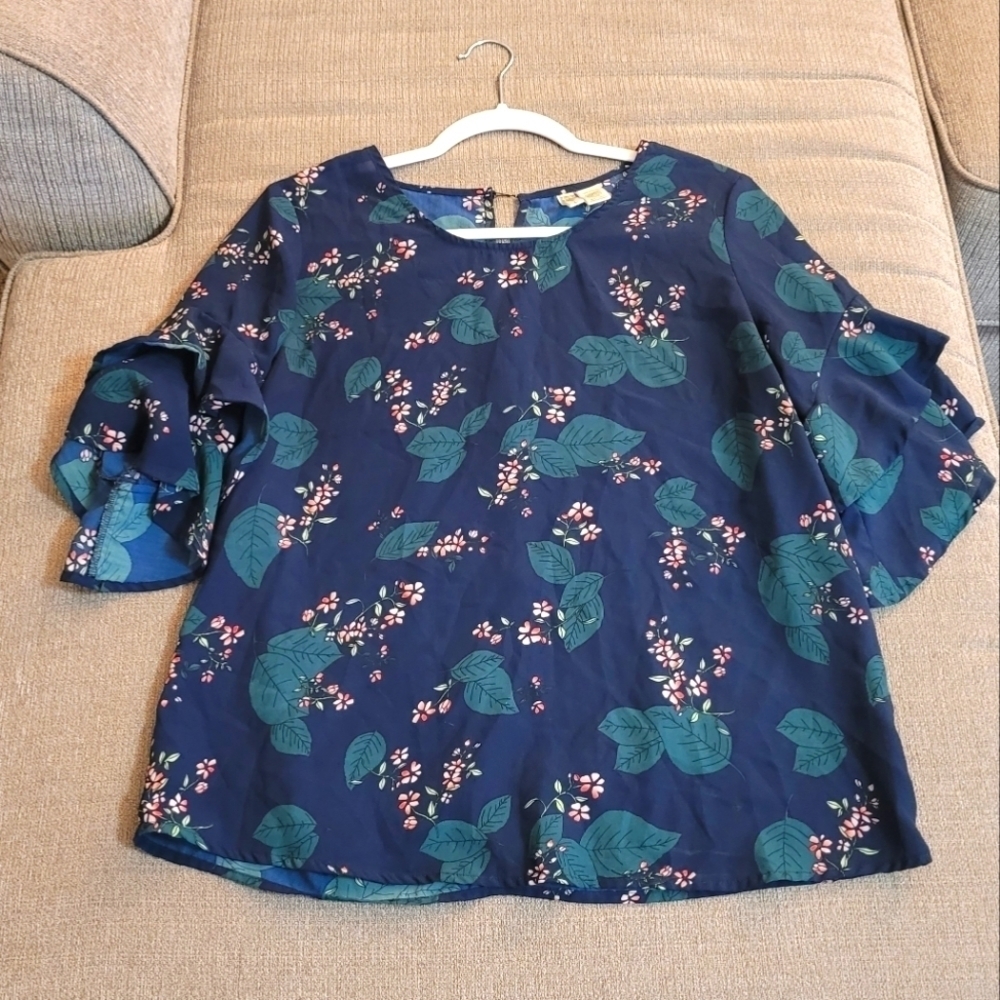 Japna Floral Boho Ruffle Sleeve Casual Career Top Blouse Size Large